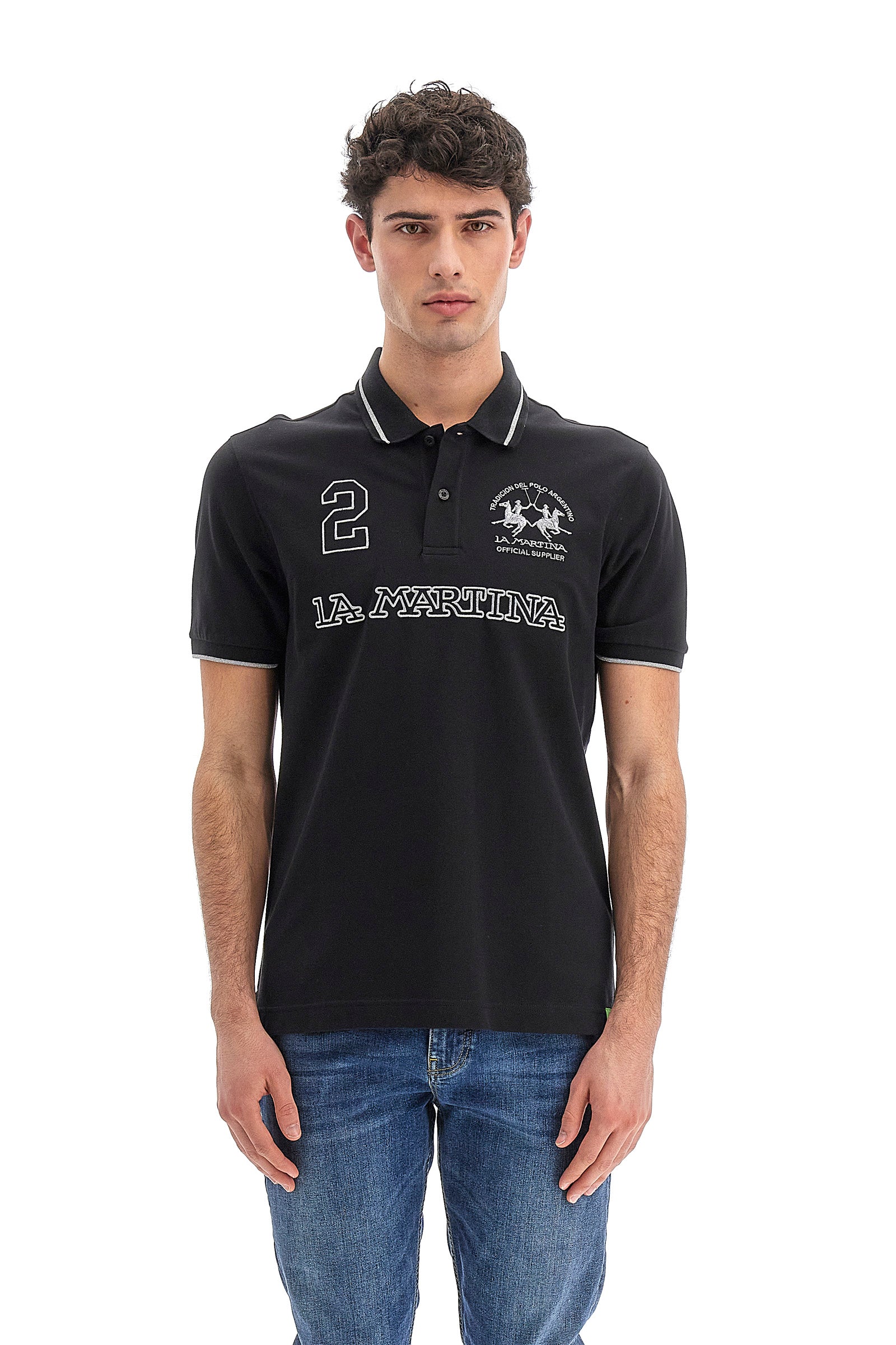 Polo da uomo a maniche corte in cotone elasticizzato regular fit- Rosano - Black/Silver
