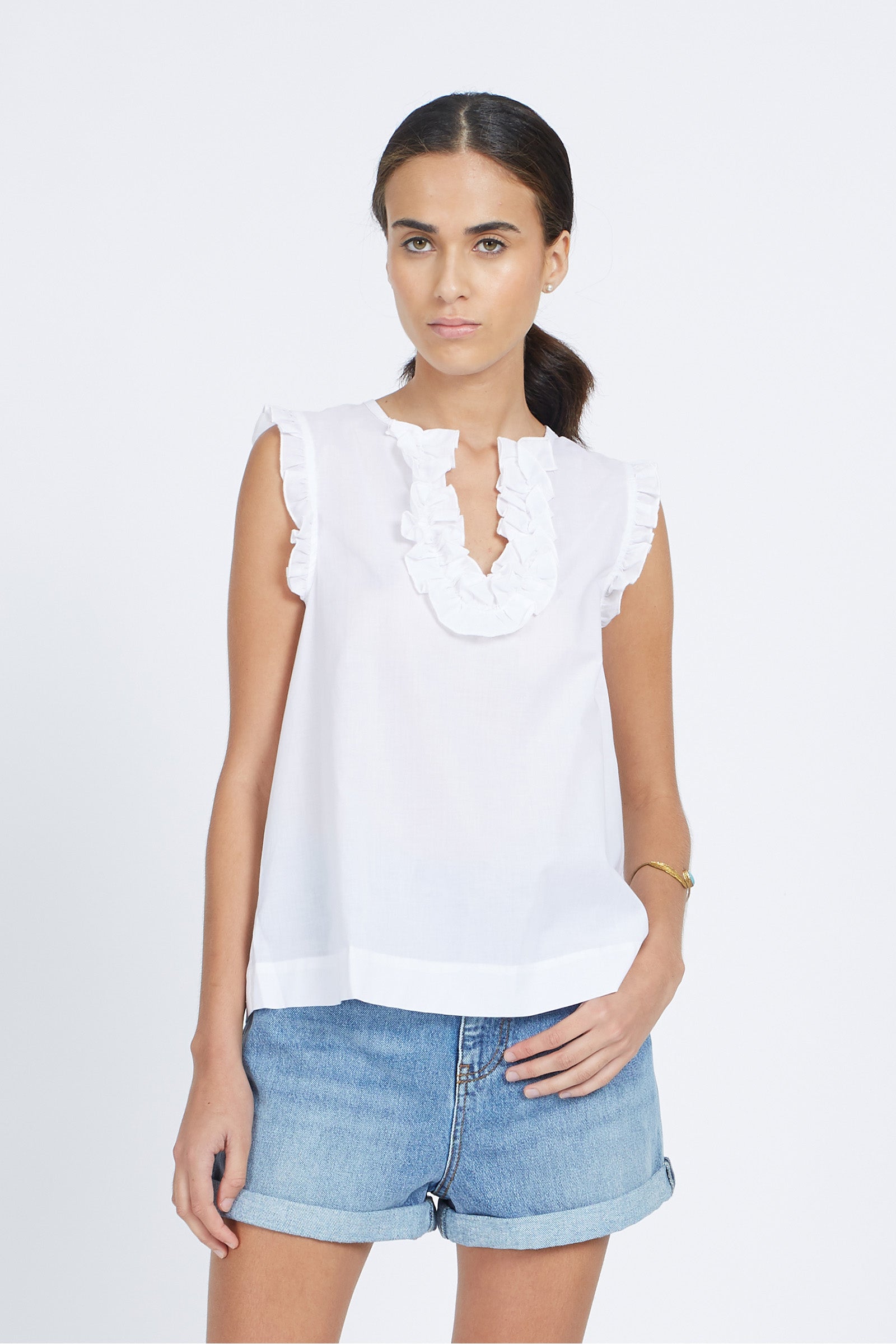 Camicia blusa da donna senza maniche in 100% cotone regular fit - Vivienne - Optic White