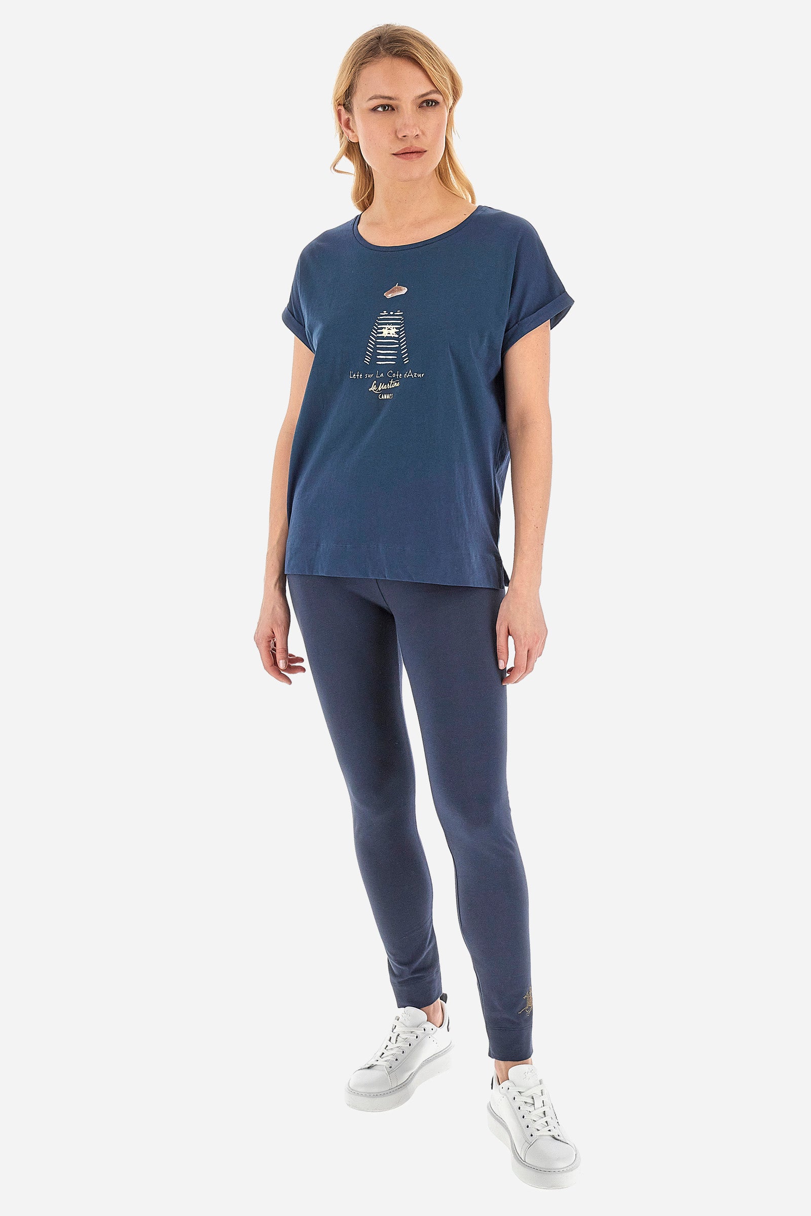 T-shirt da donna a maniche corte 100% cotone regular fit - Vernal - Navy