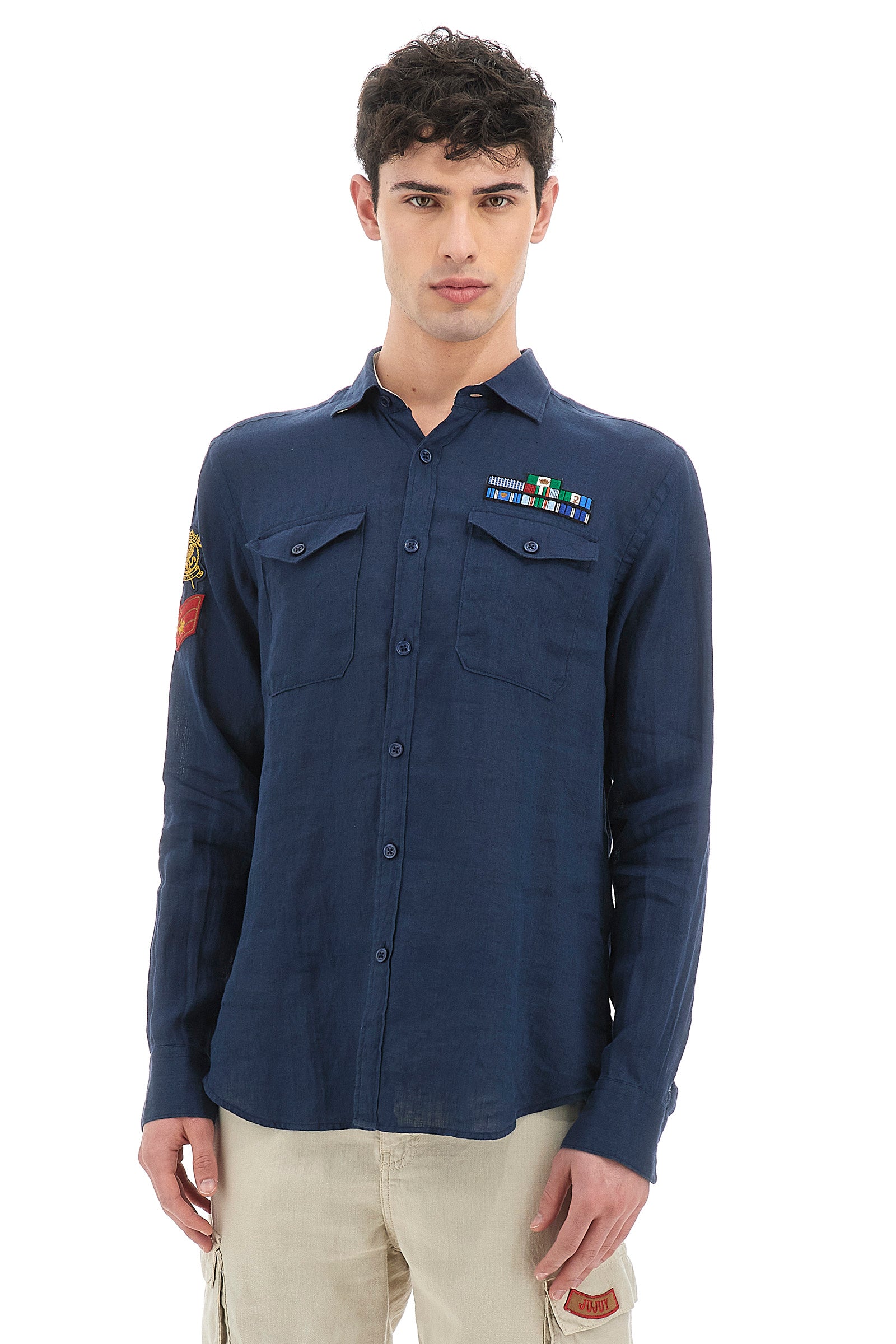 Camicia uomo a maniche lunghe 100% lino regular fit- Viviano - Navy