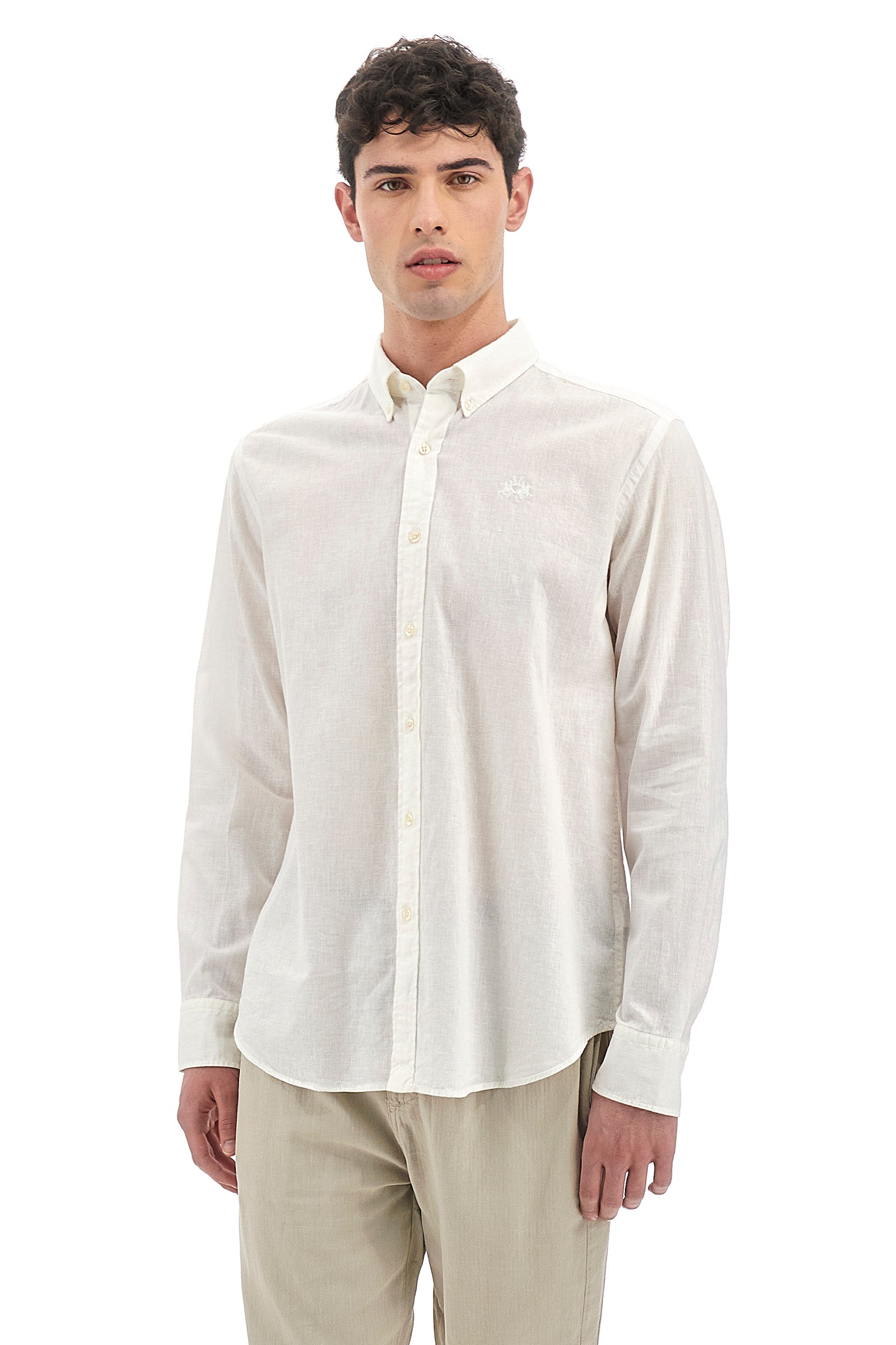 Camicia da uomo a maniche lunghe in lino e cotone regular fit - Alvin - Optic White