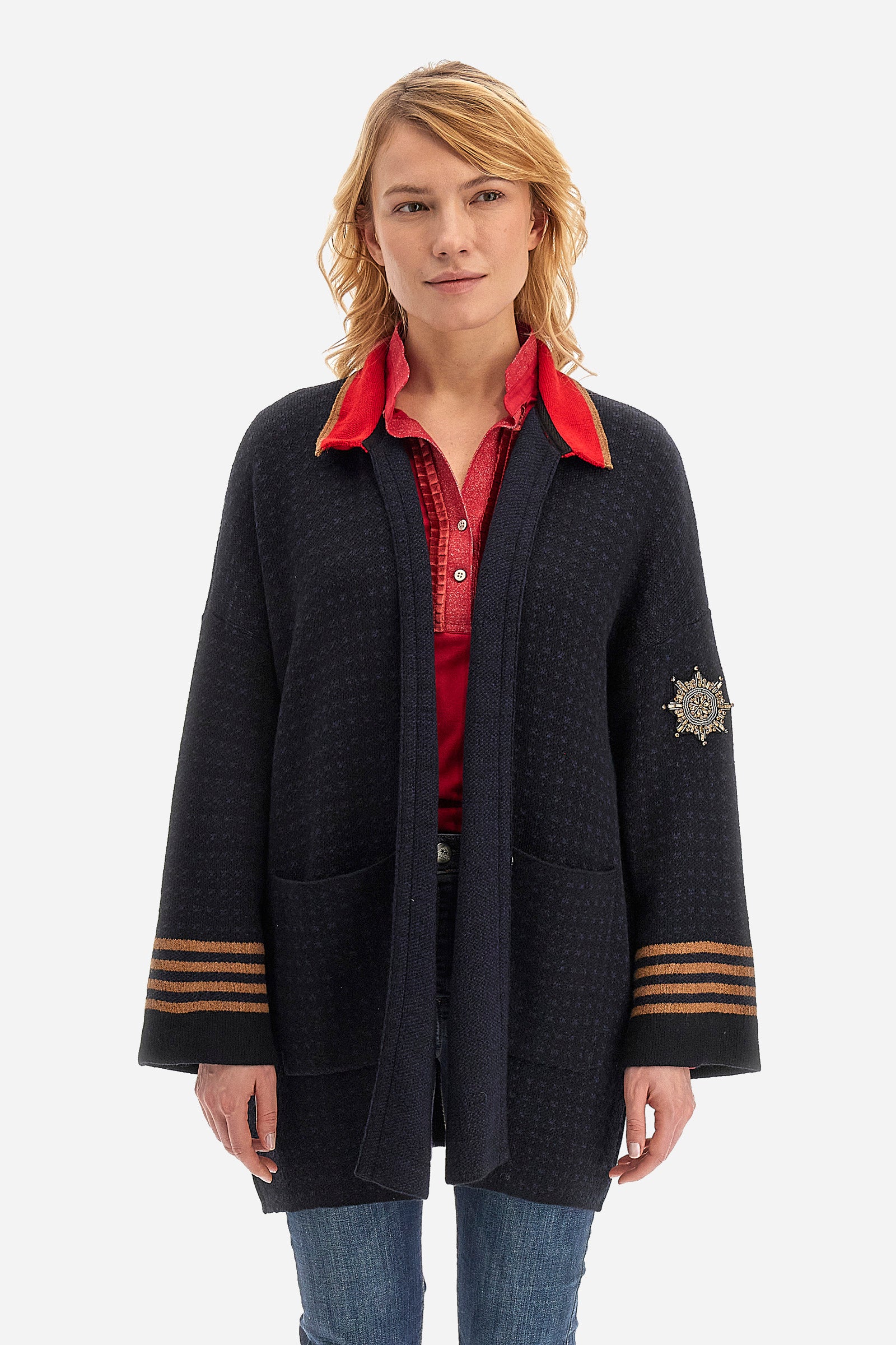 Cardigan tricot donna in morbido misto lana  - Wendall - Navy/Black