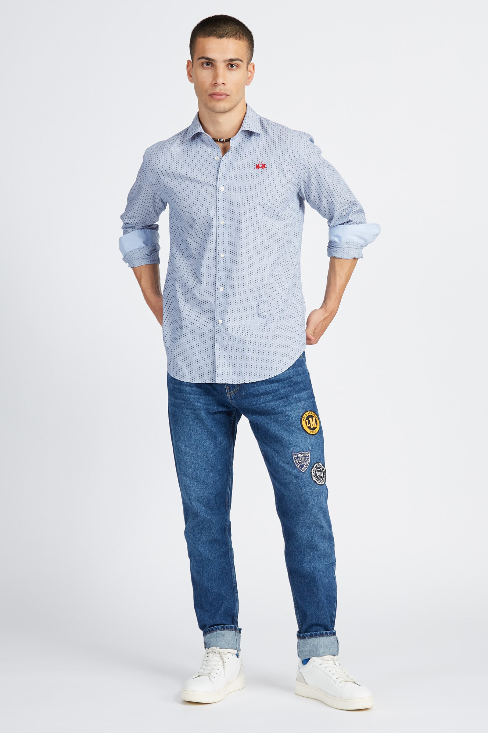 Camicia uomo manica lunga capsule Polo Academy fantasia a pois logo piccolo - Vachel - Navy/Optic White