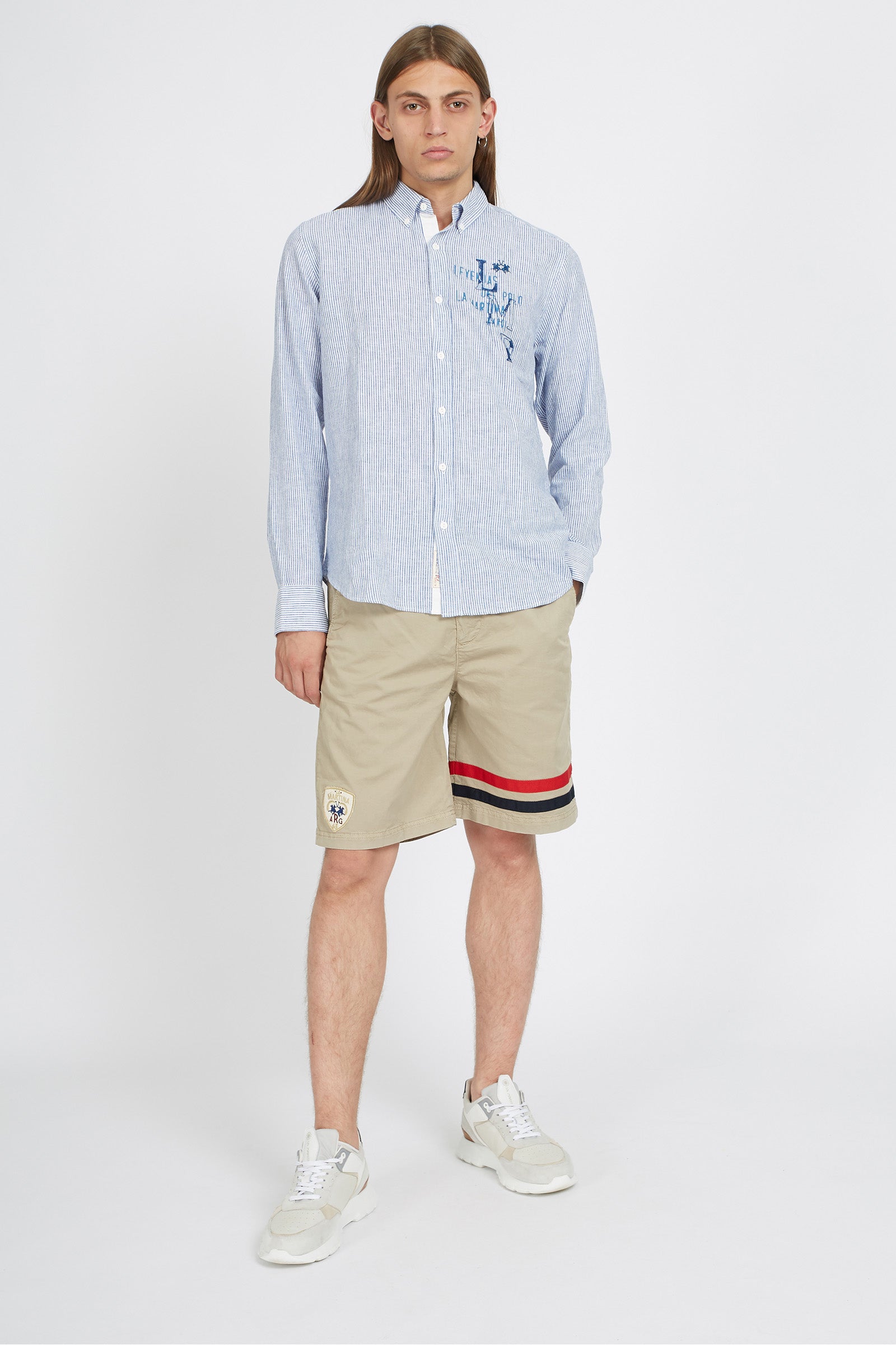 Camicia uomo a maniche lunghe in misto cotone lino regular fit- Vinh - Optic White/Navy