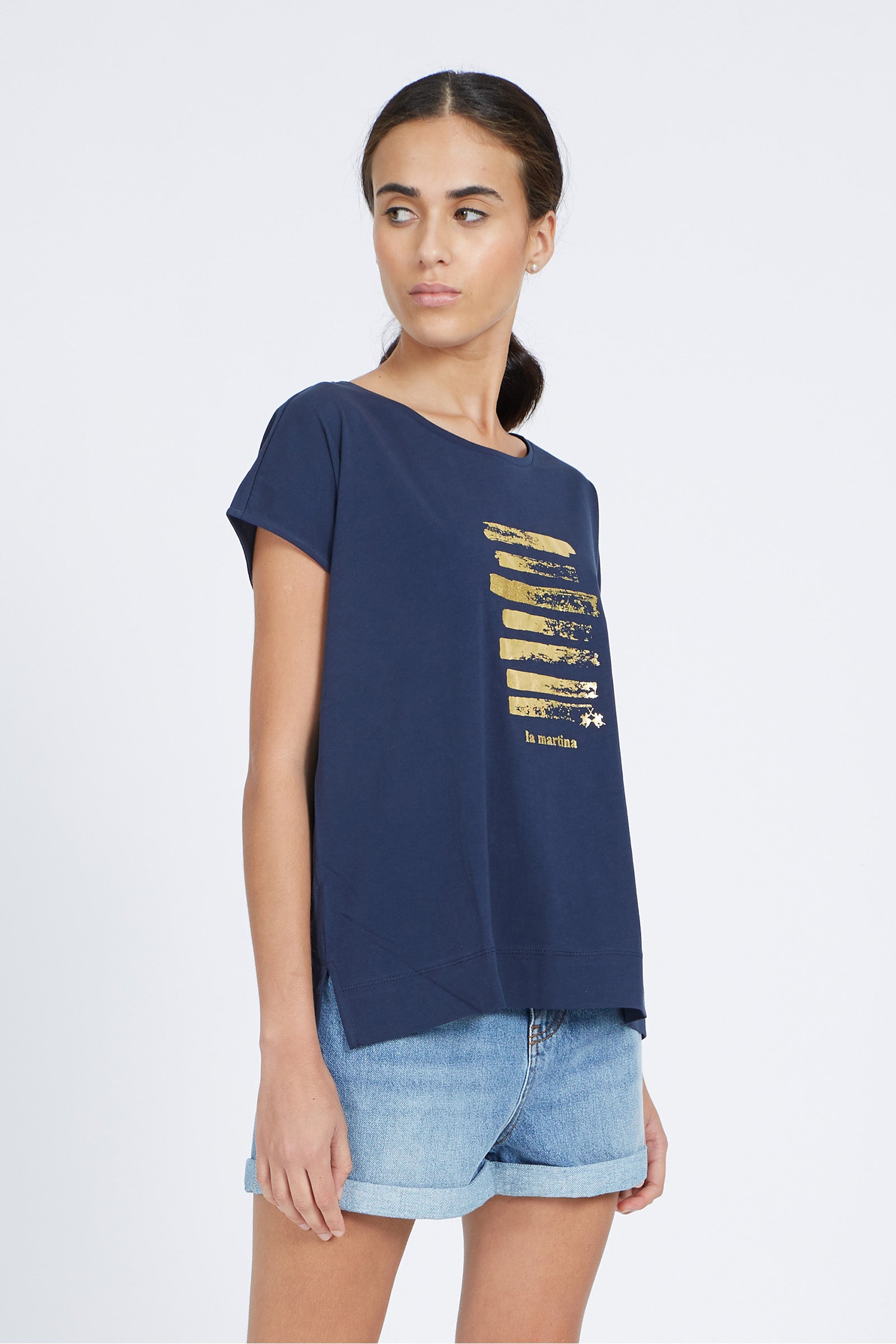 T-shirt da donna a maniche corte 100% cotone regular fit - Vertie - Navy