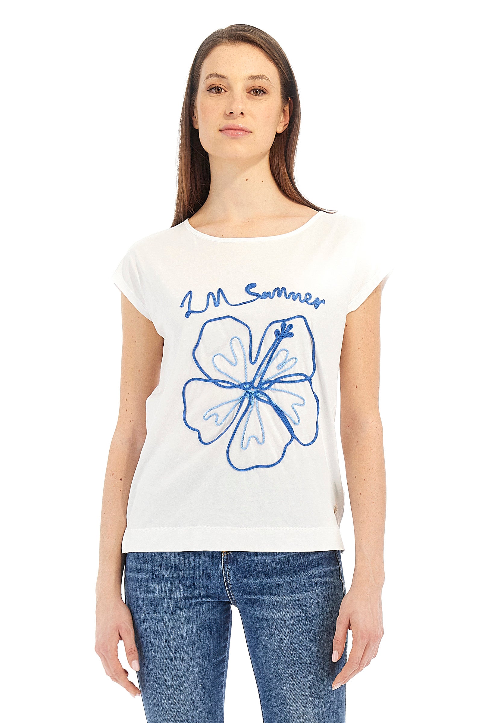 T-shirt da donna a maniche corte in 100% cotone - Velvel - OpticWhite/TrueBlue