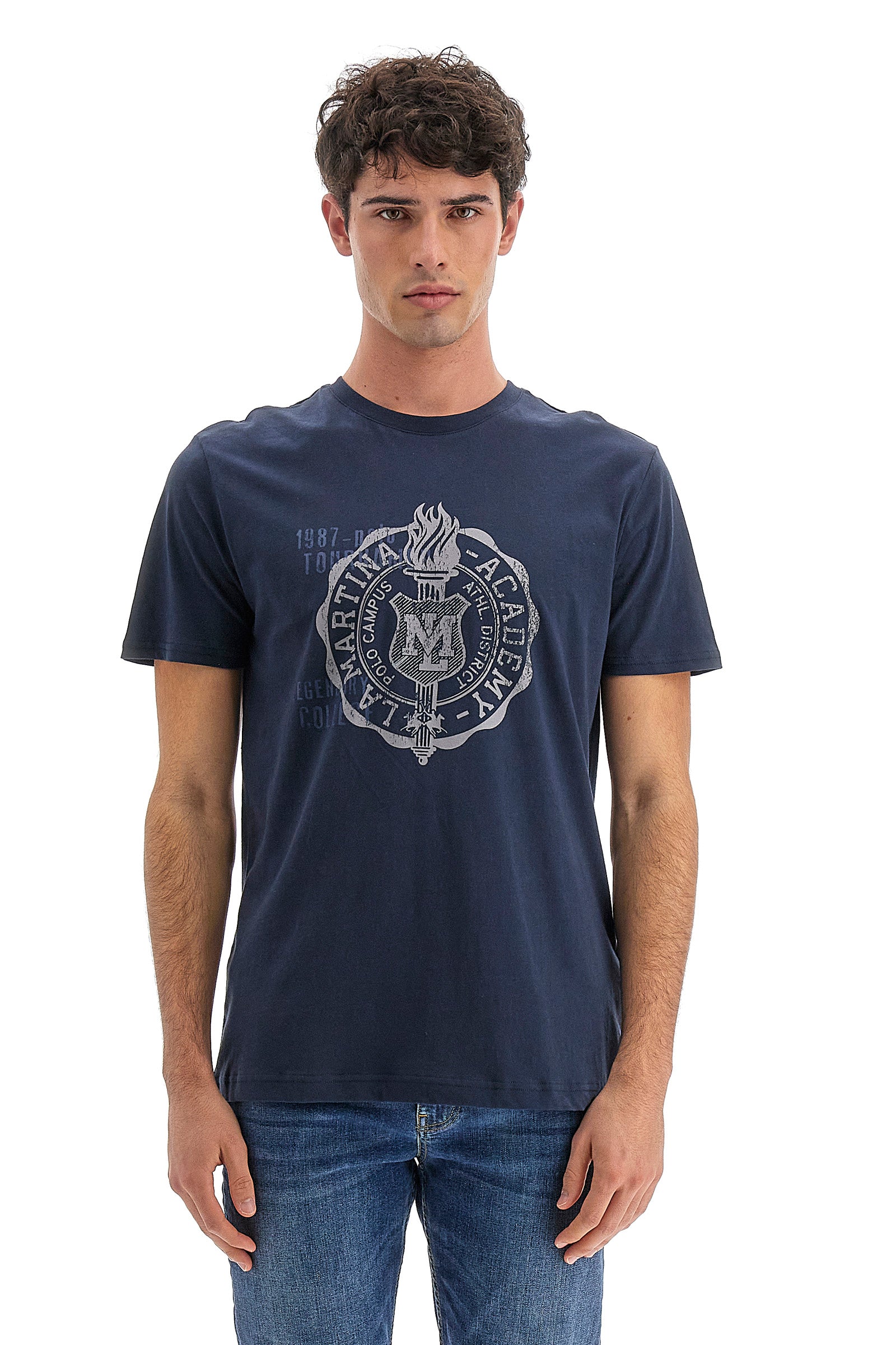 T-shirt uomo maniche corte Polo Academy in tinta unita con maxi logo circolare - Venedictos - Navy