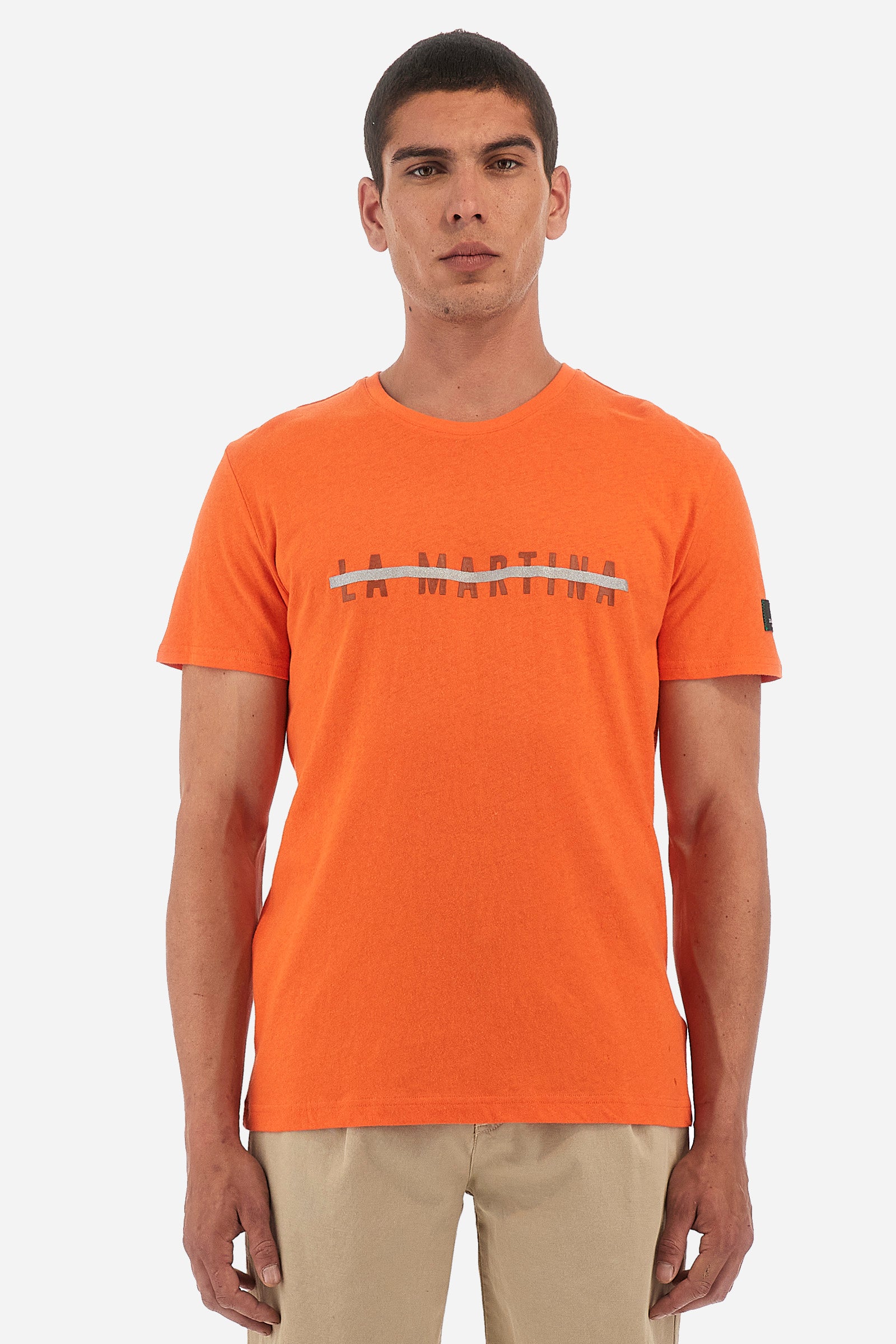 T-shirt uomo maniche corte Logos in tinta unita con maxi scritta sul petto e mini logo laterale - Veneziano - Flame