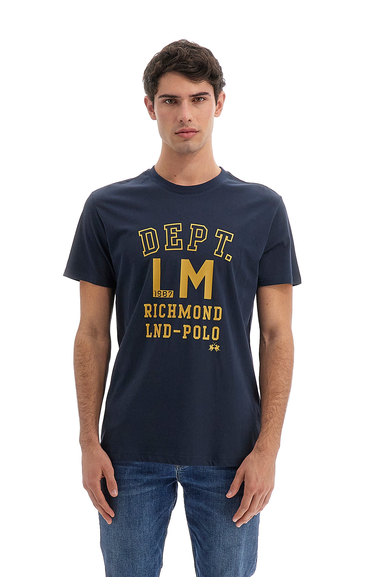 T-shirt uomo maniche corte Polo Academy in tinta unita con maxi scritta e mini logo - Venceslao - Navy