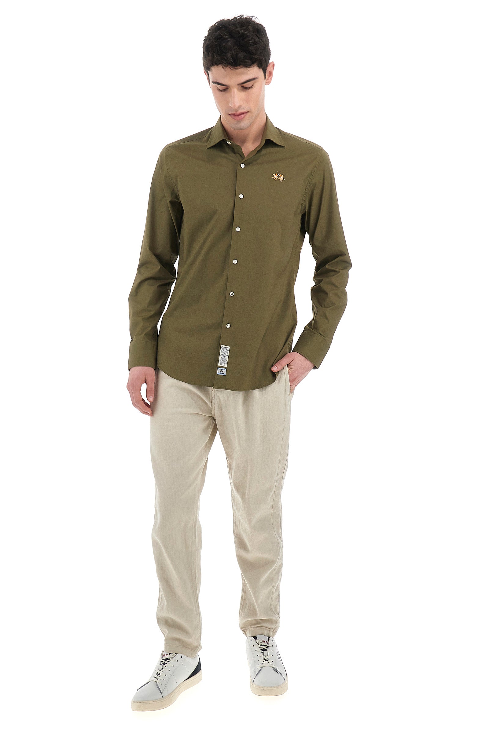 Camicia da uomo a maniche lunghe in cotone slim fit - Antonello - Burnt Olive