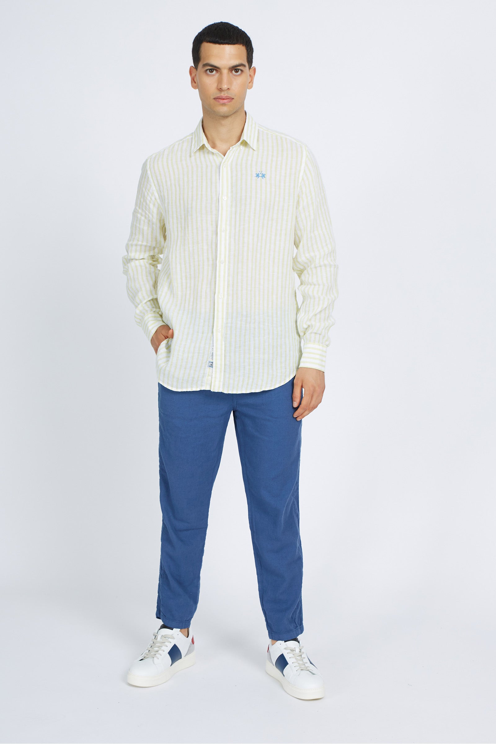 Camicia uomo a maniche lunghe 100% lino regular fit- Rodolfo - OpticWhite/LimePunch
