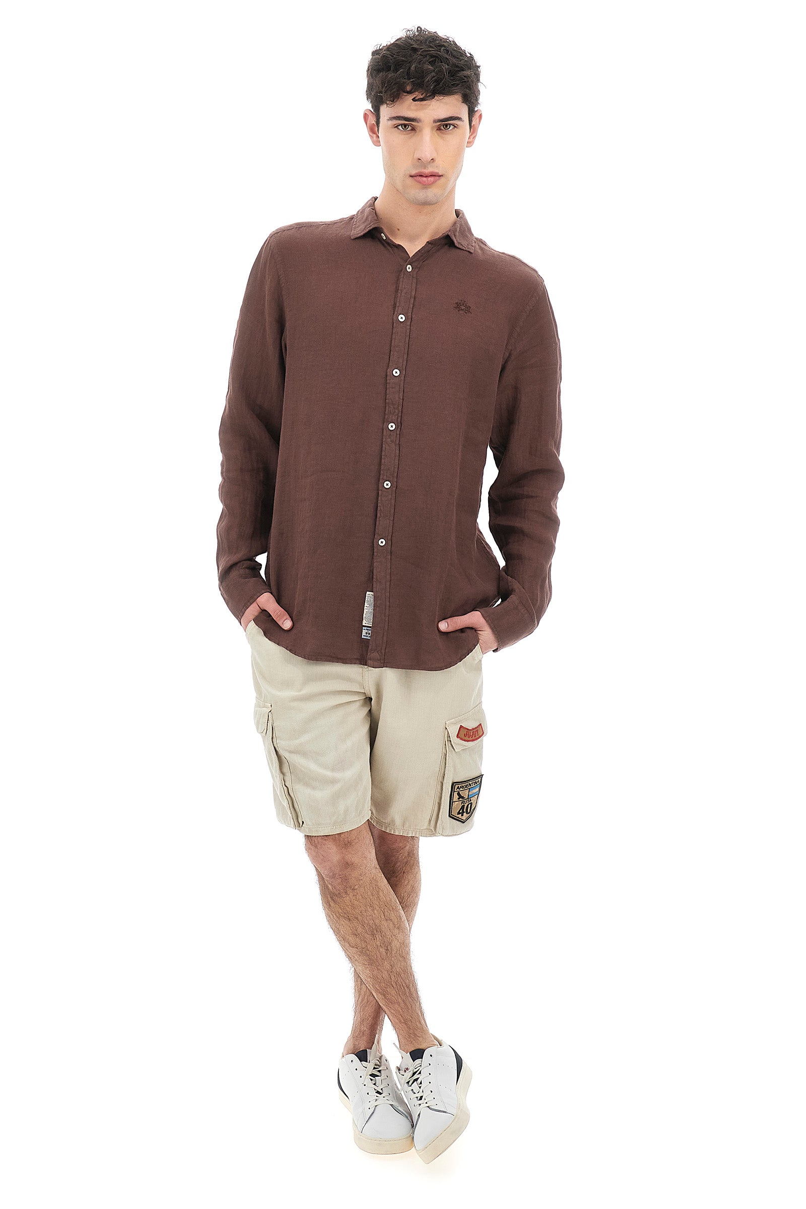 Camicia da uomo a maniche lunghe 100% lino regular fit - Russel - Puce