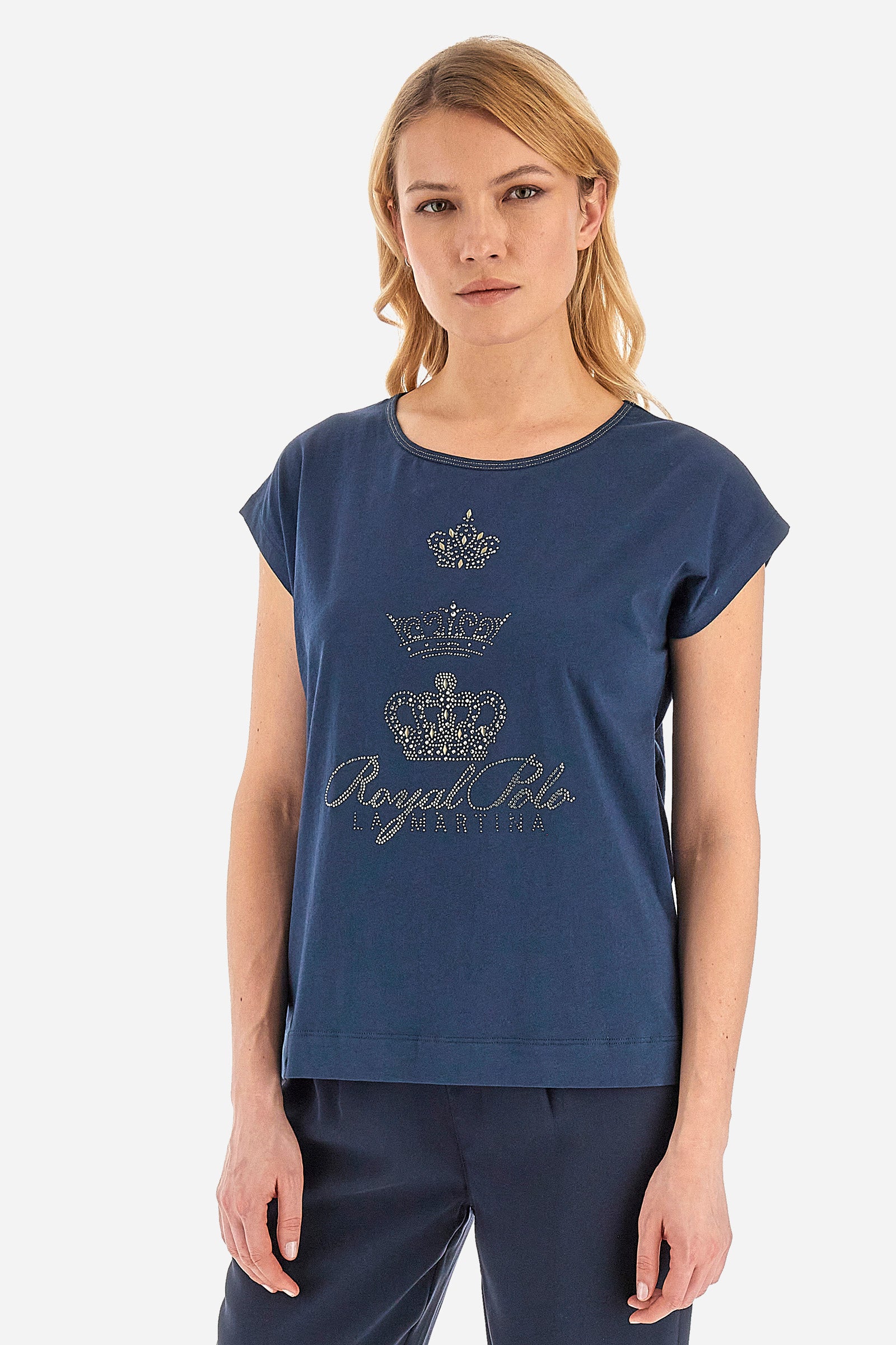 T-shirt da donna a maniche corte in 100% cotone - Vikky - Navy