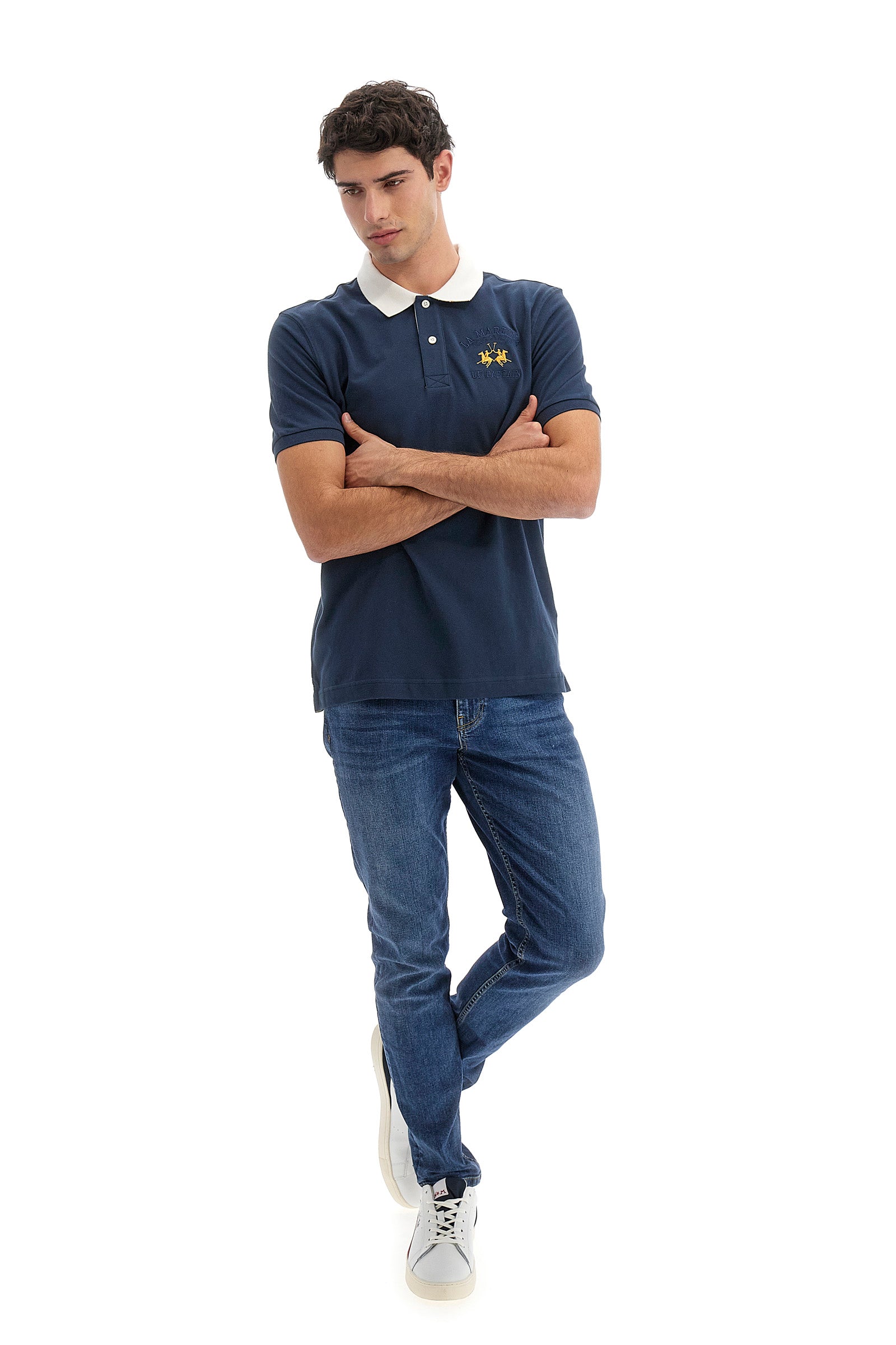 Polo uomo maniche corte Polo Academy maxi patch tinta unita e colletto a contrasto - Vedis - Navy