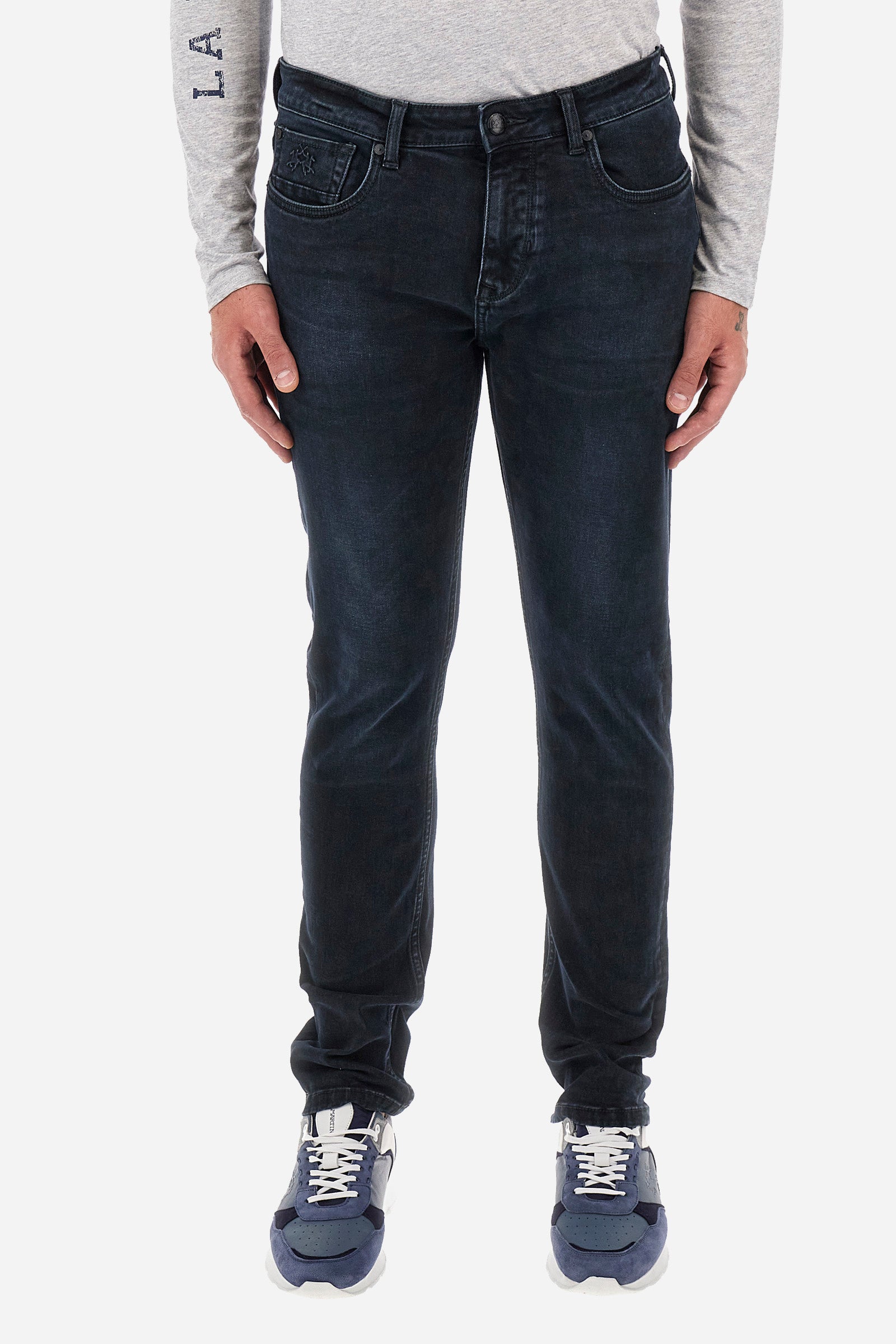 Pantaloni jeans 5 tasche uomo in denim nero e straight fit - Warick - Dark Indigo Denim